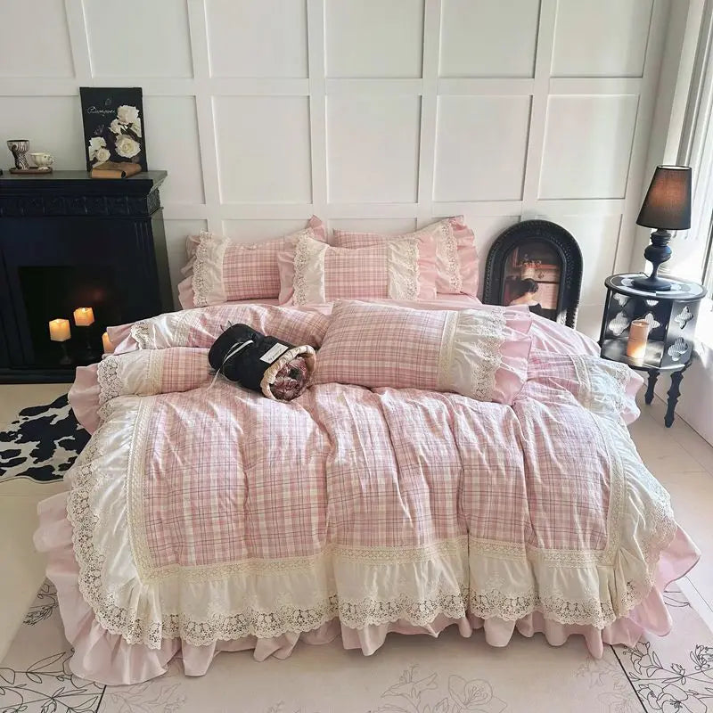 Vintage French Plaid Lace Ruffles 100% Cotton Bedding Set