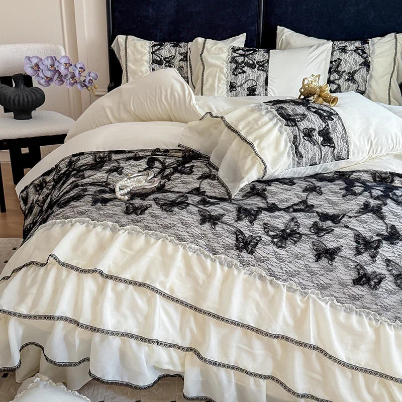 4Pcs French Vintage Princess Style Embroidered Chiffon Lace Ruffle Luxury Bedding Set