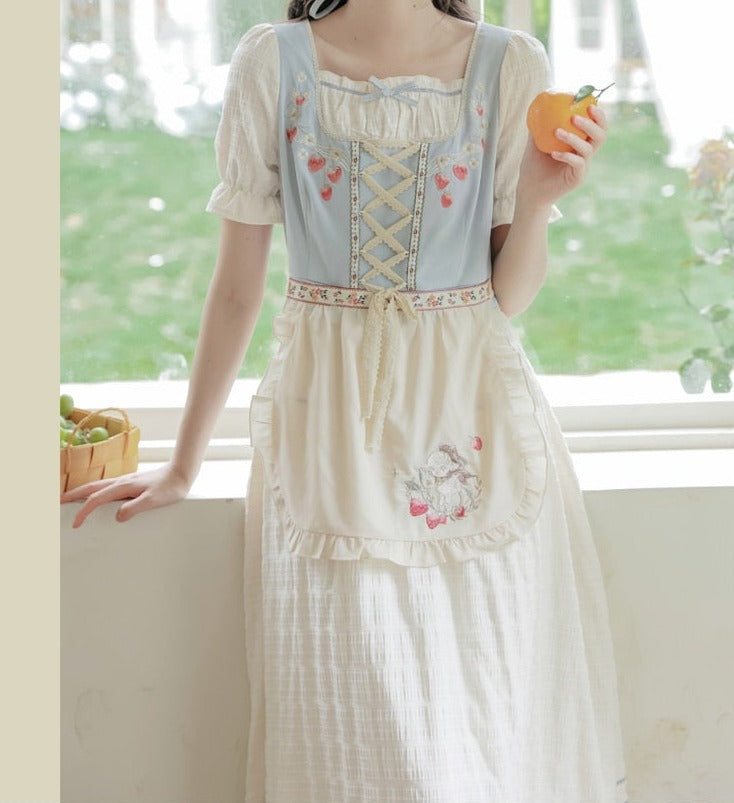 Strawberry Garden 3-Piece Set Cottagecore Dress with Head Scarf