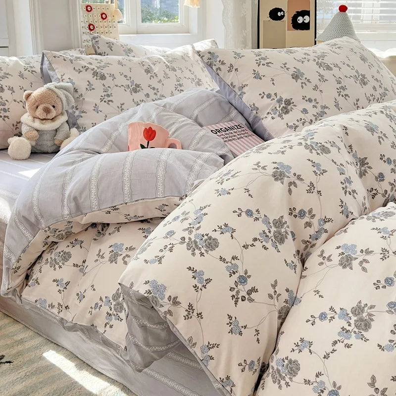 Japanese Style Floral Printed Queen Quilt Cover Set 3/4 Pcs Soft Cotton Bedding Set