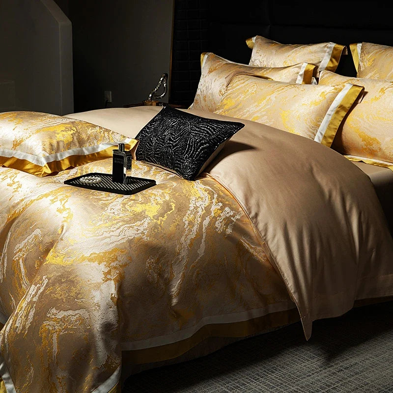 1000TC Cotton Luxury Black Gold Satin Jacquard Bedding Set