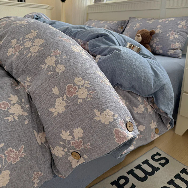 Korean Button Style Floral Print Bedding Set