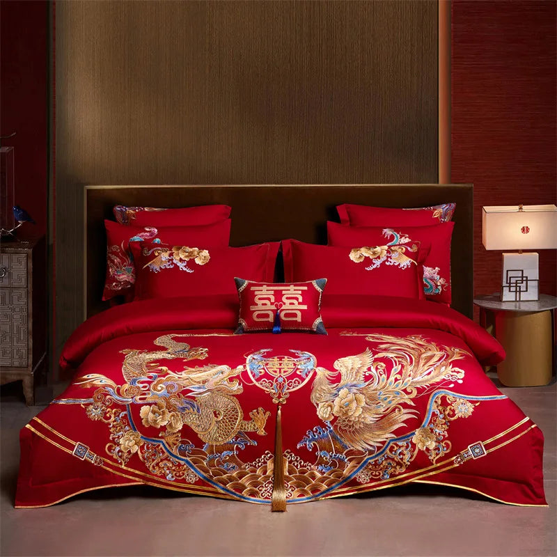 4/6/9Pcs Red Luxury Chinese Wedding Style Dragon Phoenix Embroidery Bedding Set