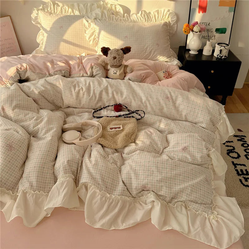 3/4Pcs Korean Princess Style Floral Ruffles Bedding Set