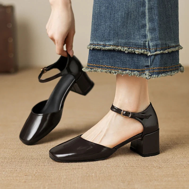 leather cowhide round toe thick Heel