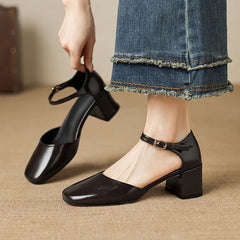 leather cowhide round toe thick Heel