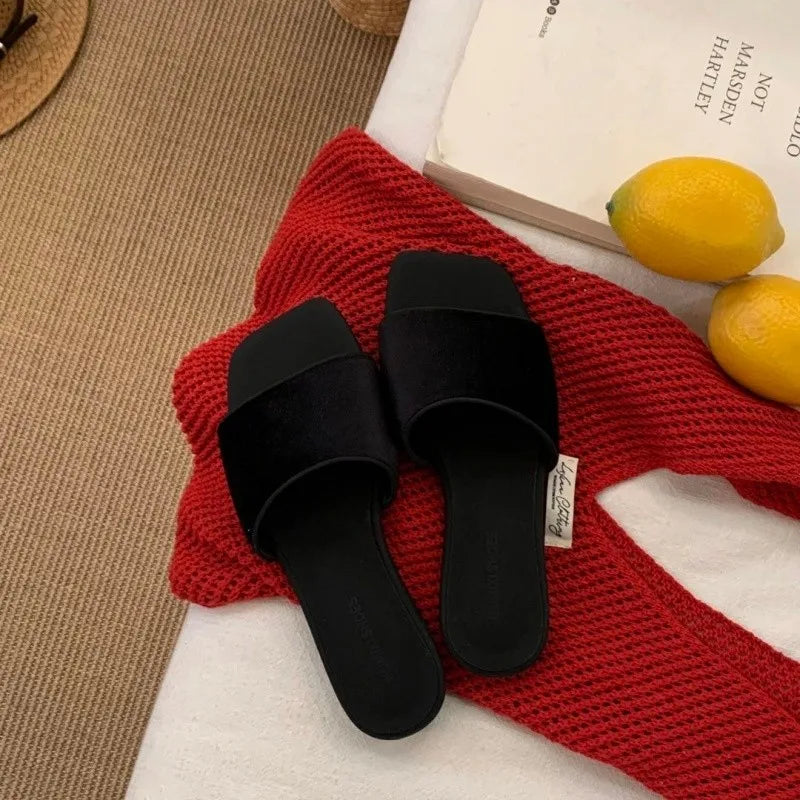 Vintage Velvet Square Toe Women Flats Slippers Concise Lightweight Slip On Slides Outdoor Daily Walking Vacation Dress Shoes