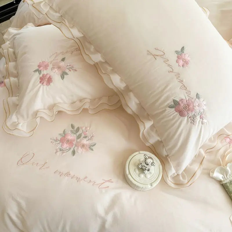 Rose Flowers Embroidery Lace Ruffles Princess Bedding Set