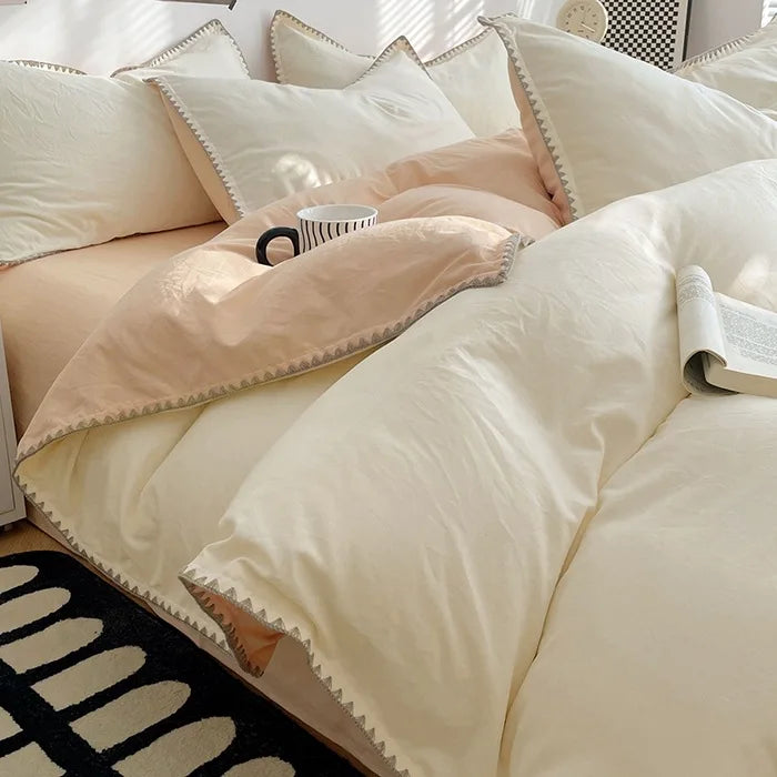 3 Pcs Simple Solid Color Quilt Cover Set with Pillowcases Stitching Design King Queen Size Bedding Set