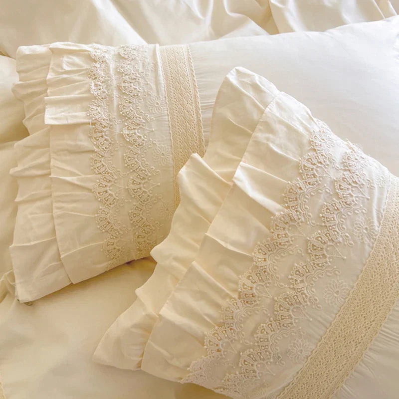 Vintage French Hollow Lace Ruffles 100% Cotton Princess Wedding Bedding Set