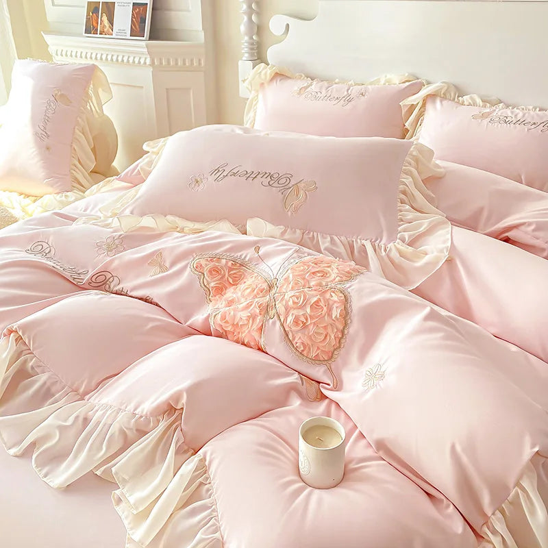 3/4Pcs Korean Princess Style Washed Cotton Three-Dimensional Embroidered Butterfly Queen Size Bedding Set