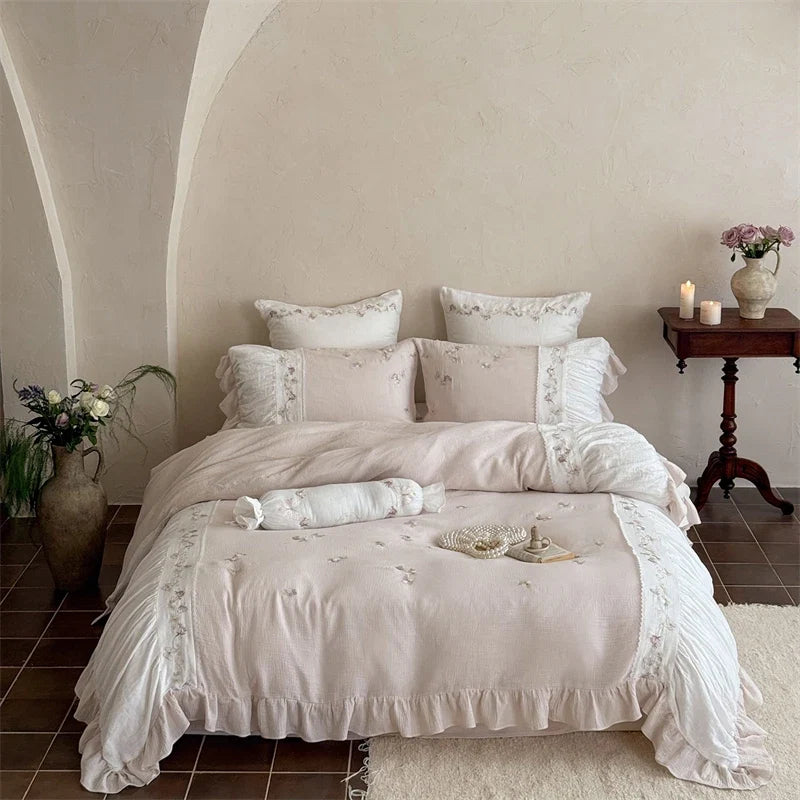Flowers Embroidery Pleated Ruffles Bedding Set