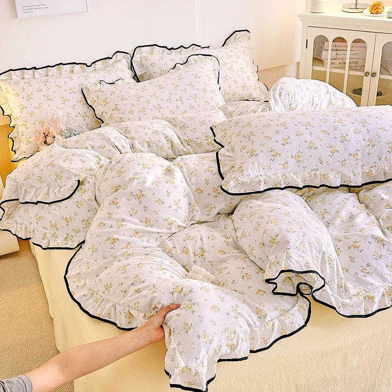 Heart Print Duvet Cover Set Princess Style Lace Ruffles Bedding Set