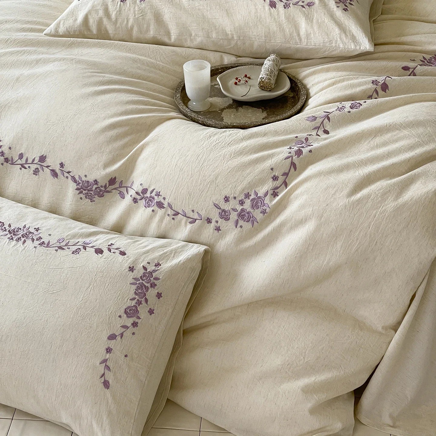 Natural Cotton Linen Blend Elegant Flowers Embroidery Luxury Bedding Set