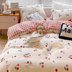 Cute Cherry Duvet Cover Set with Pillowcase Soft Summer Thin Flat Sheet Floral Boys Girls Queen Full Size Home Bedding Kit