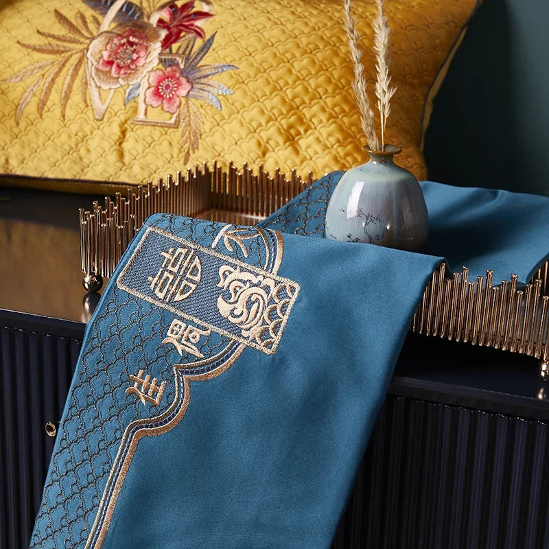 1400TC Egyptian Cotton Luxury Chinese Style Peacock Embroidery Bedding Set