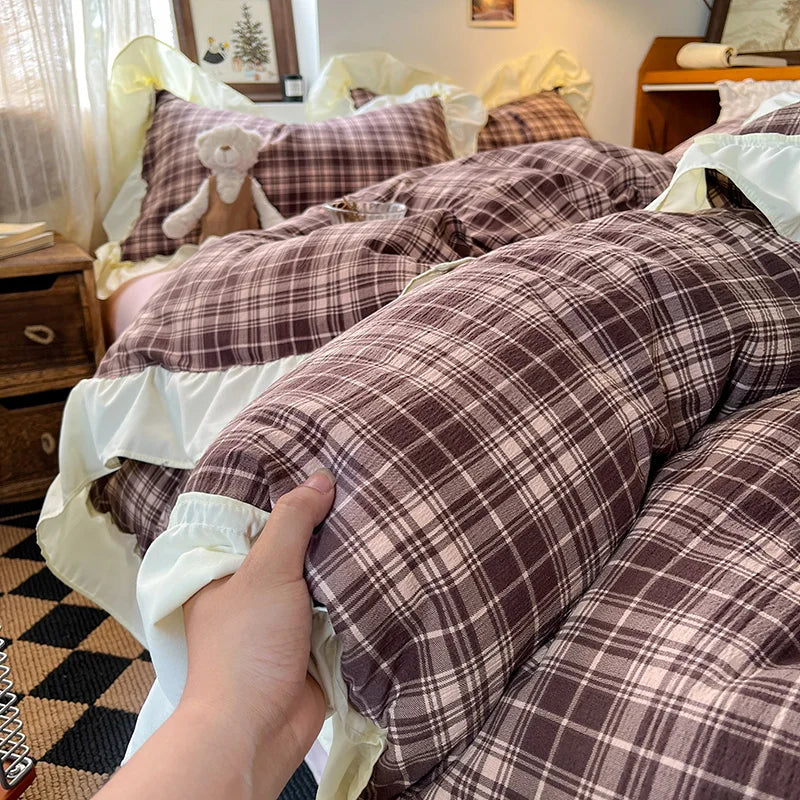 3/4Pcs Grid Stripes Ruffles Bedding Set