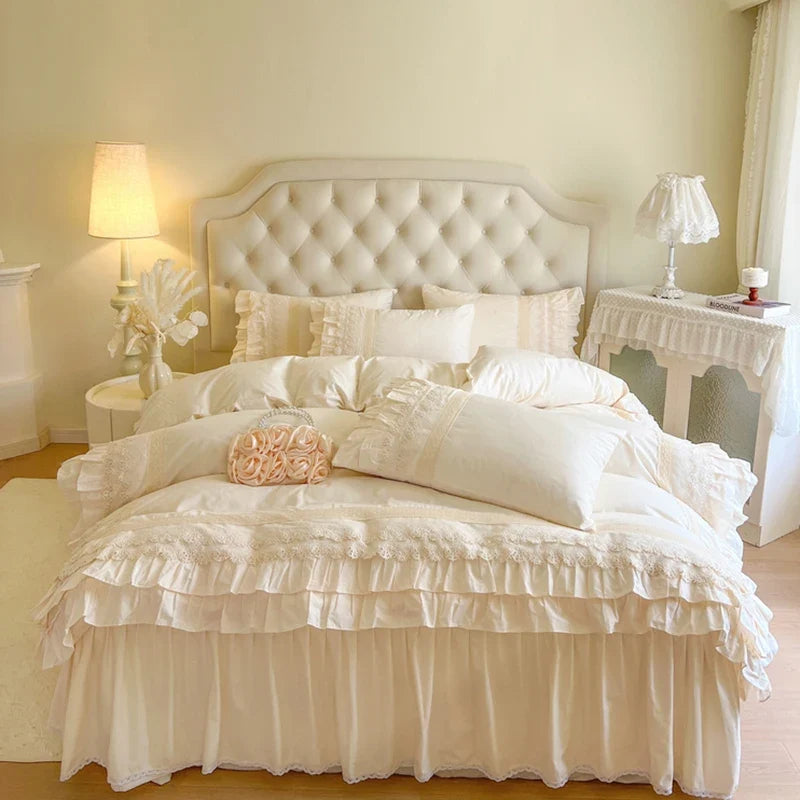 Vintage French Hollow Lace Ruffles 100% Cotton Princess Wedding Bedding Set