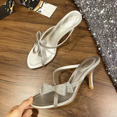 Rhinestone Bow Cross Strap Slipper Open Toe Sandal Women Wear Stiletto Heels