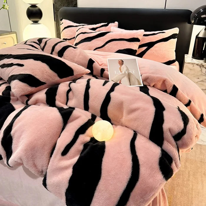 Winter Thick Warm Imitation Rabbit Fur Bedding Set