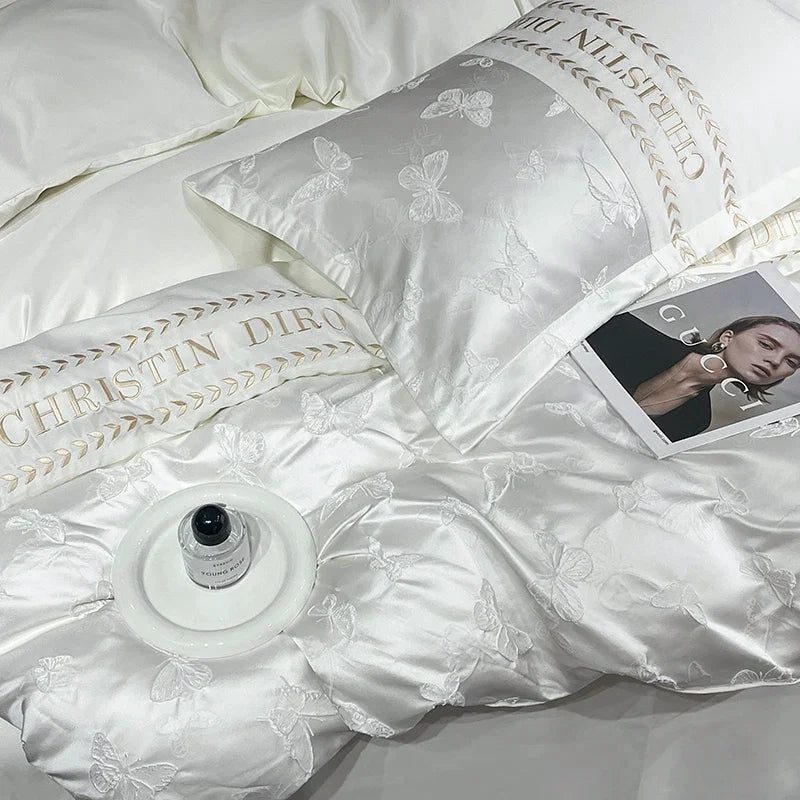 3/4Pcs White Luxury Egyptian Cotton Bedding Hotel Quality Washed Silk Cooling Queen Duvet Cover Summer Bedspreads Pillowcase