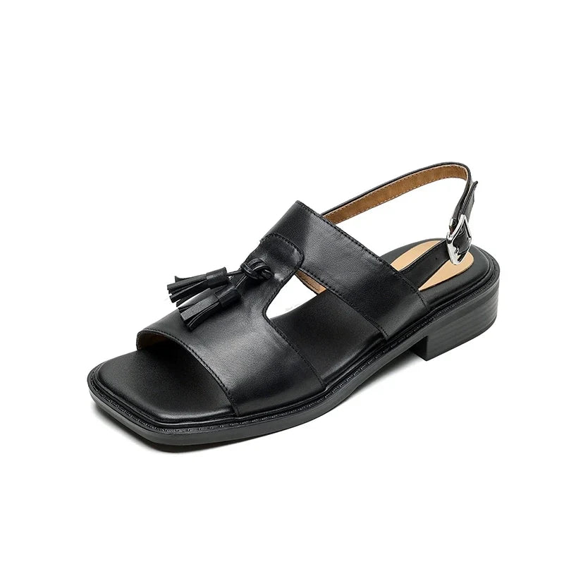 cowhide mid heeled tassel tightly fastened open toed fish mouth Shoes