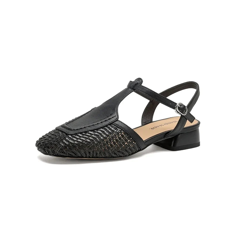 leather cowhide hollow weave low Heel