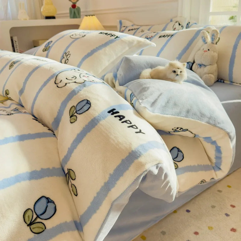 Cartoon Print Milk Velvet Duvet Cover Set Sheet Pillowcase Winter Plush Comforter Cover Set Home Textile Queen King Bedding Set