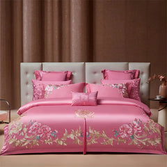 Luxury Chinese Style Wedding Flowers Embroidery Rose Pink Bedding Set