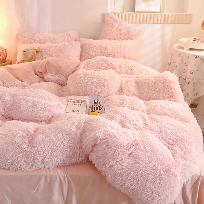 Solid Color Fluffy Long Plush Winter Bedding Set
