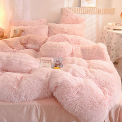Solid Color Fluffy Long Plush Winter Bedding Set