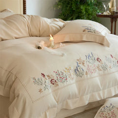 Natural Cotton Linen Vintage French Flowers Embroidery Luxury Bedding Set