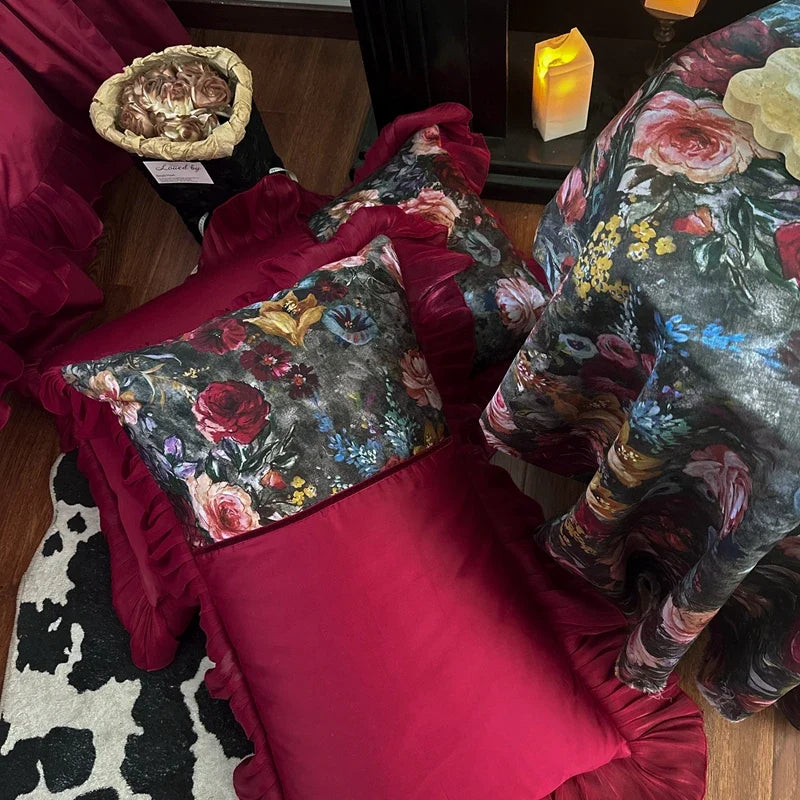 Vintage Floral Print Ruffles Princess Bedding Set