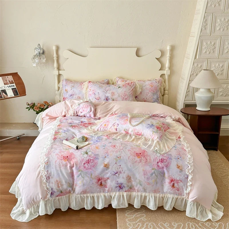3/4Pcs French Princess Style Pink Luxury Duvet Cover Set Double Bedding Bedroom With Elastic Band Bed Linen Ruffle Pillowcase