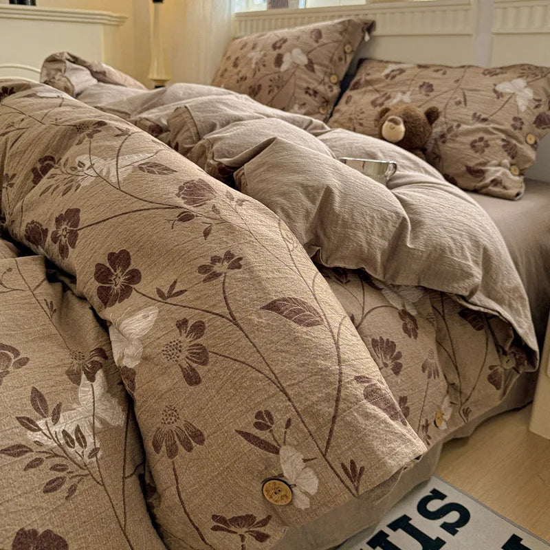 Korean Button Style Floral Print Bedding Set