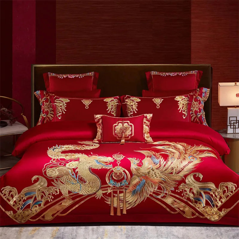 4/6/9Pcs Red Luxury Chinese Wedding Style Dragon Phoenix Embroidery Bedding Set