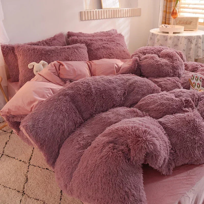 Solid Color Fluffy Long Plush Winter Bedding Set