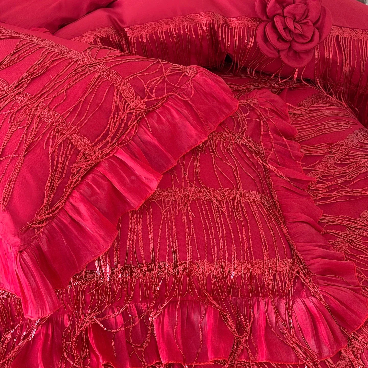 Red Tassel Design Lace Ruffles Princess Wedding Bedding Set