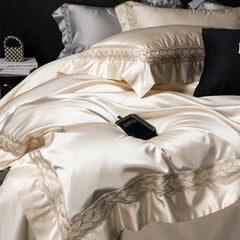 1000TC Egyptian Cotton Soft Silky Brocade Lace Champagne Luxury Bedding Set