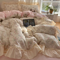100% Cotton Korean Princess Style Floral Ruffles Bedding Set