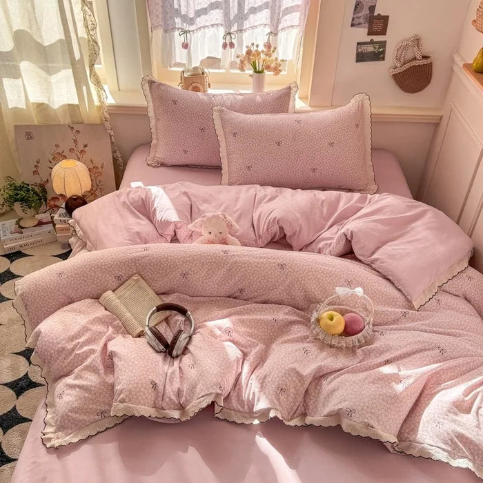 Korean Lace 4pcs Duvet Cover Set with Sheet and Pillowcases Floral Bedding Set