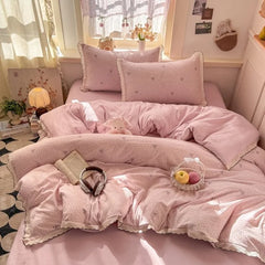 Korean Lace 4pcs Duvet Cover Set with Sheet and Pillowcases Floral Bedding Set
