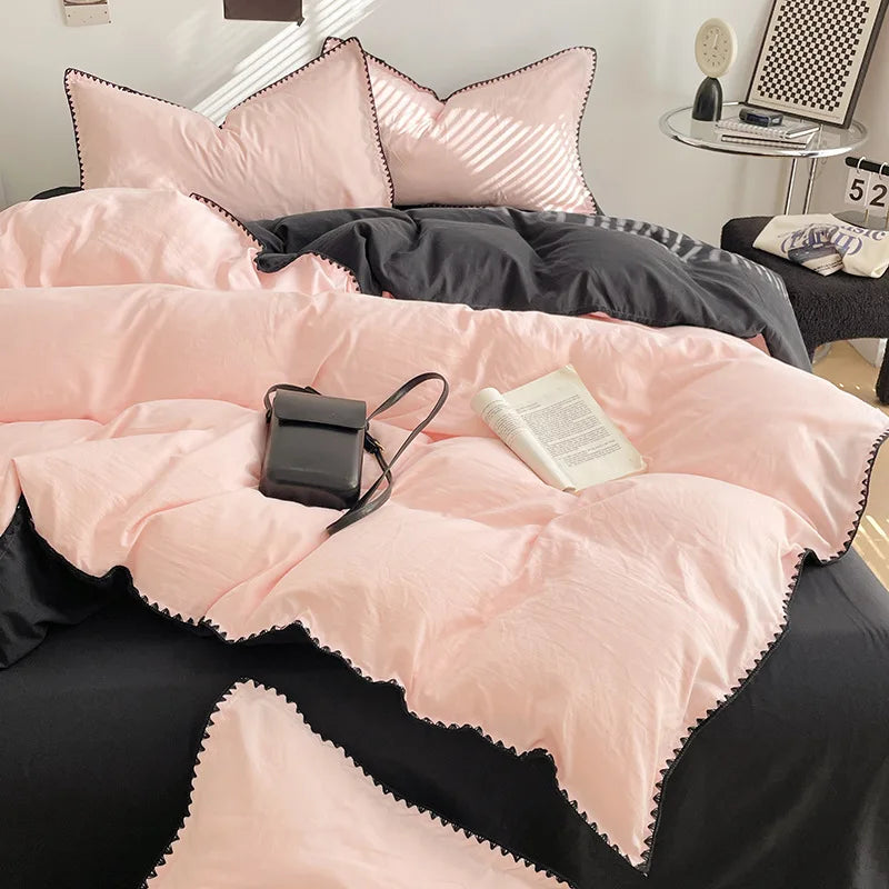 Solid Color Soft Duvet Cover Set Skin Friendly Washable Cotton Queen Bedding Set