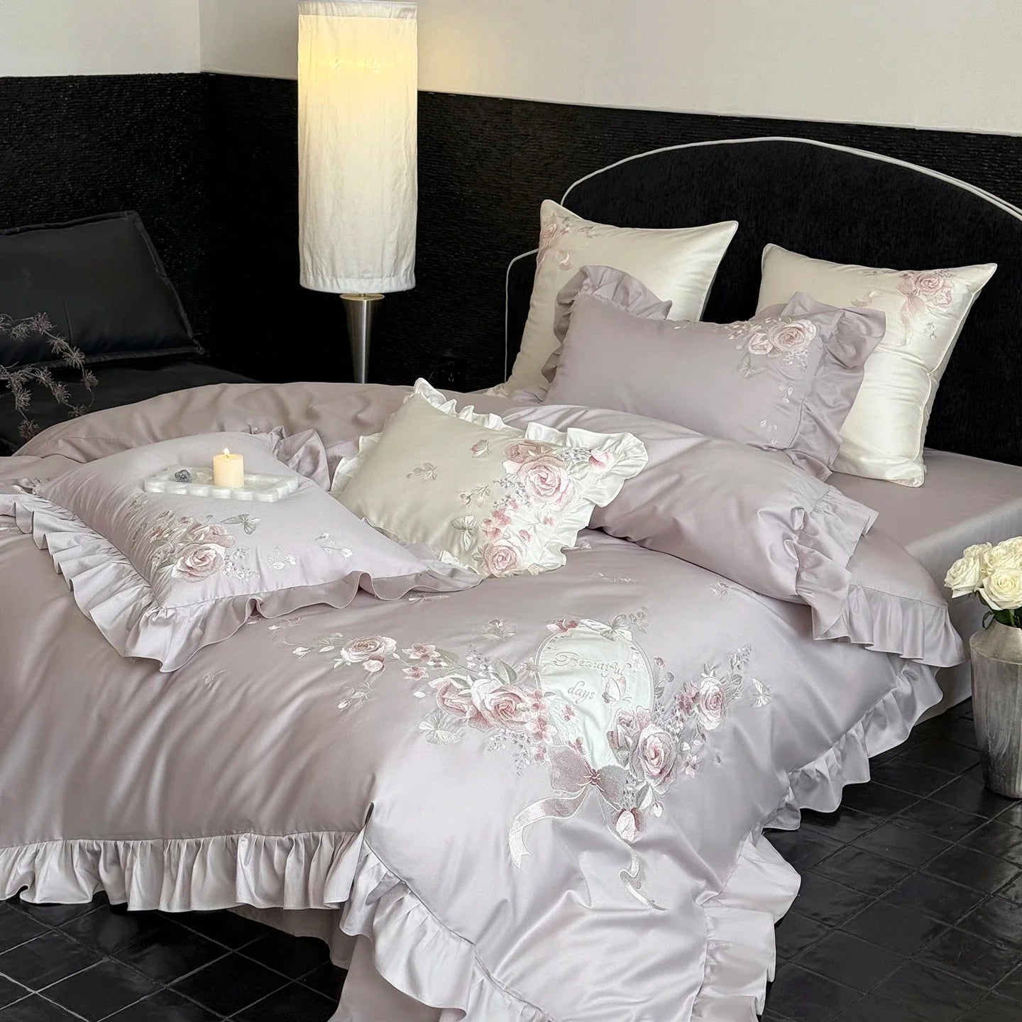 Pink Flowers Embroidery Ruffles Luxury Bedding Set