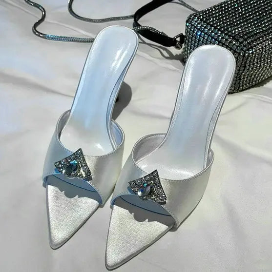 Wedding Slippers Ladies Satin Rhinestone Slides Ladies Bridesmaid Slippers Solid Color Women Heels