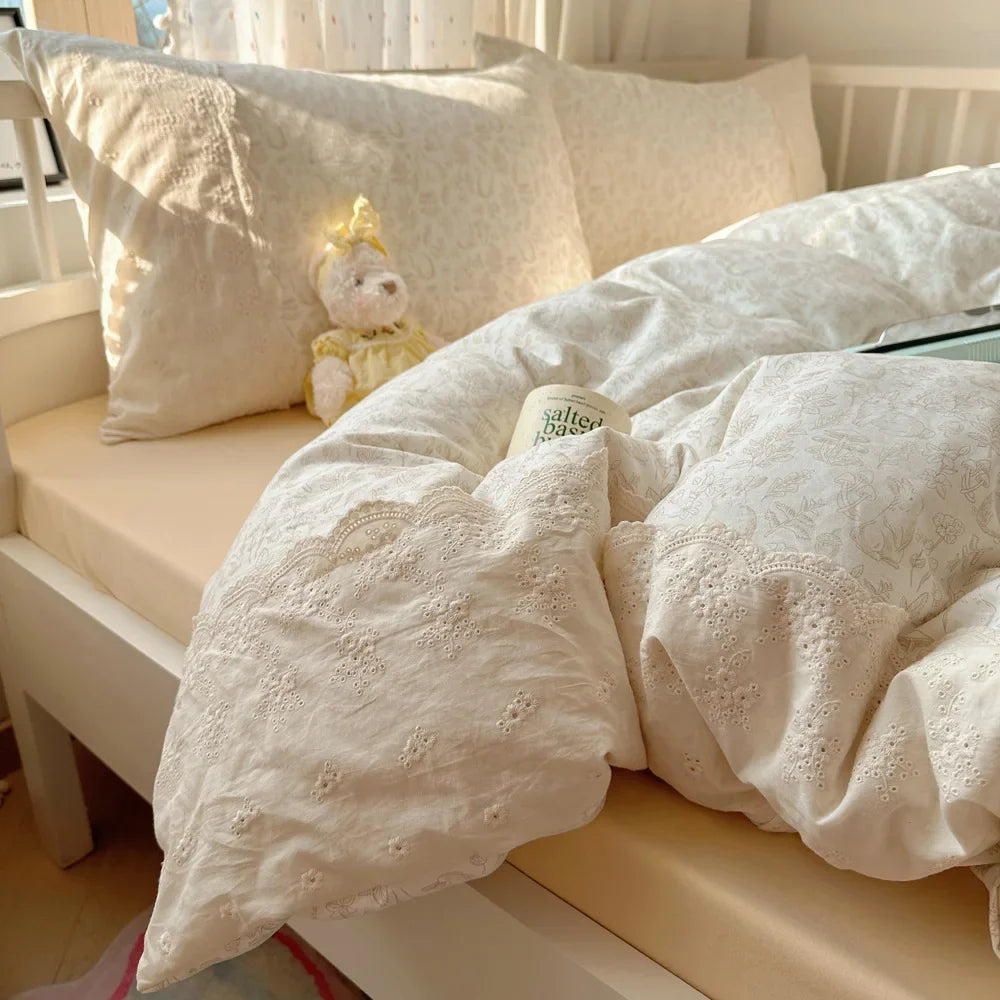 French Style Lace Trim Washed Cotton 4 Piece Bedding Set