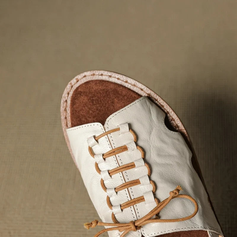leather sheepskin elastic lace up low Heel