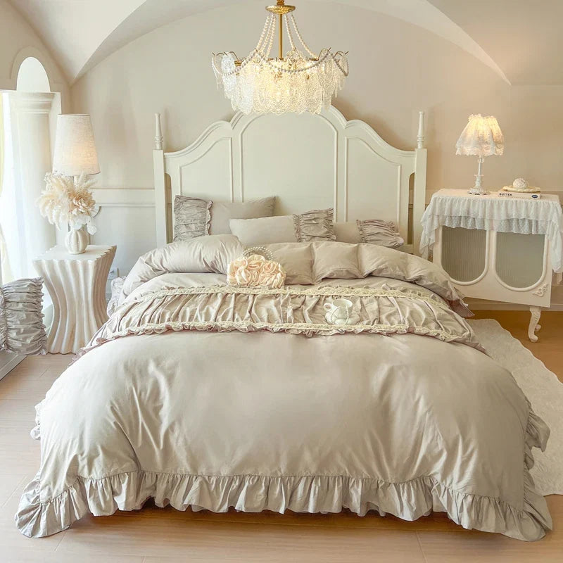 4/6Pcs Cream White Pink Princess Wedding Bedding Set