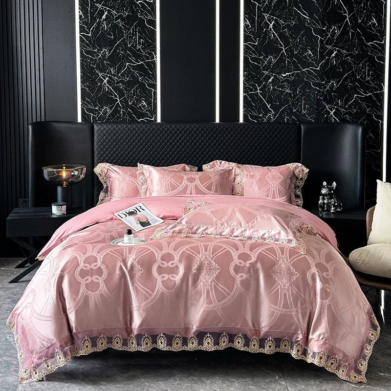 Luxury Euro Gold Satin Jacquard Lace Bedding Set