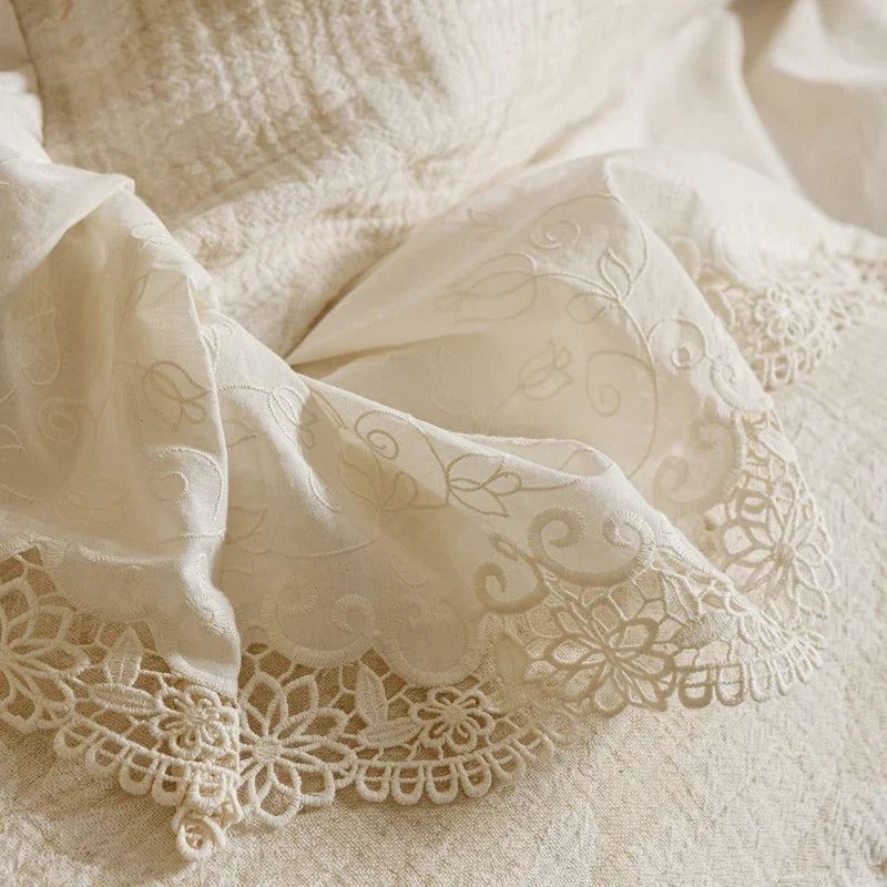 Cotton and Linen Vintage Hollow Lace Edge Bedding Set